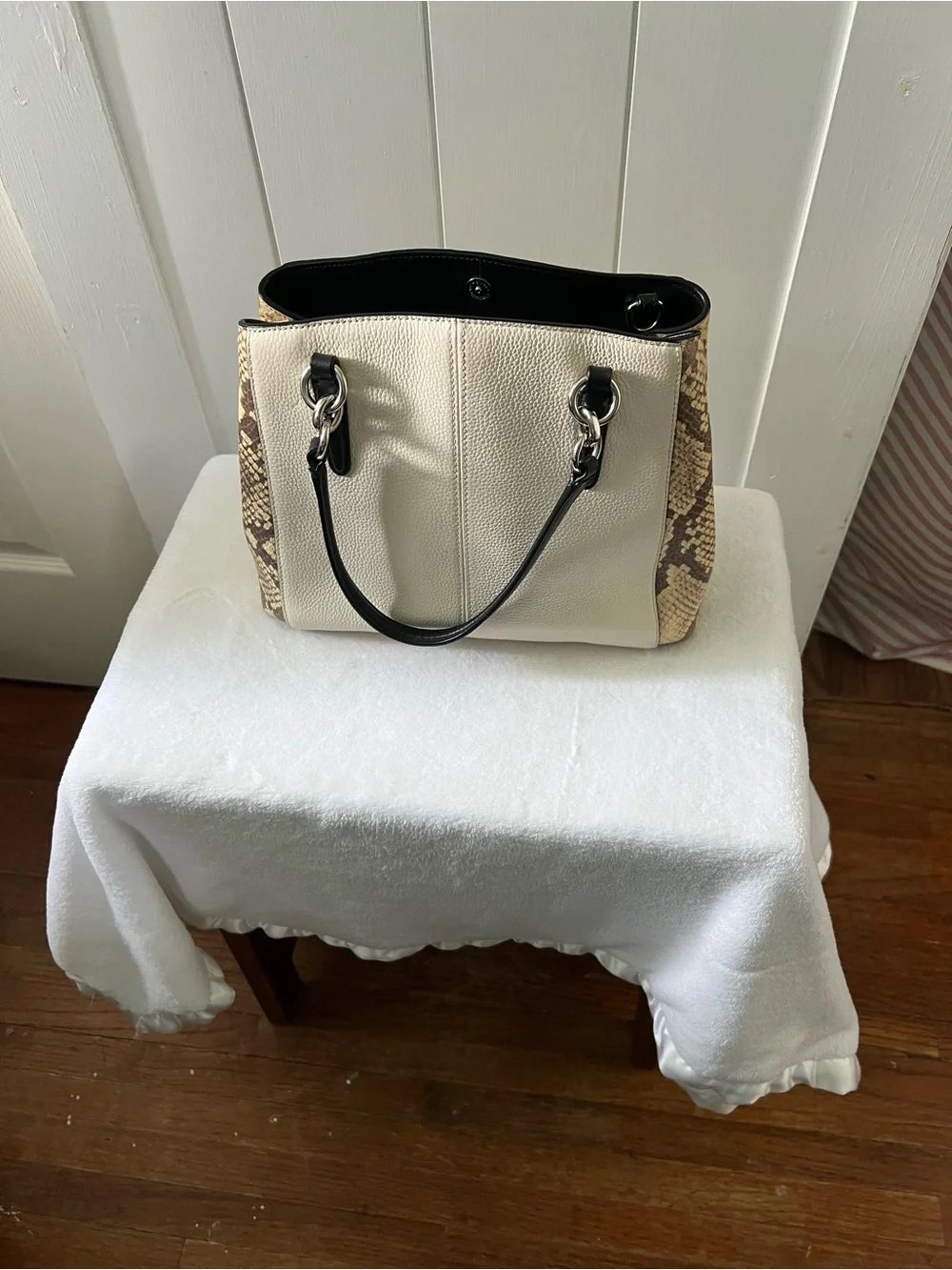 Coach Cream Pebble Leather Satchel with Black Handles and Snake-Print Trim